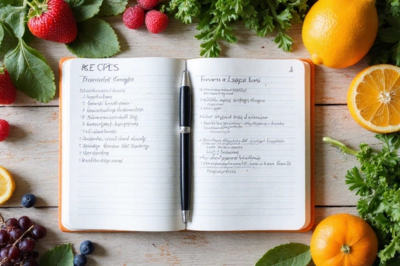 Quaderno aperto con ricette sane e una penna, circondato da ingredienti freschi